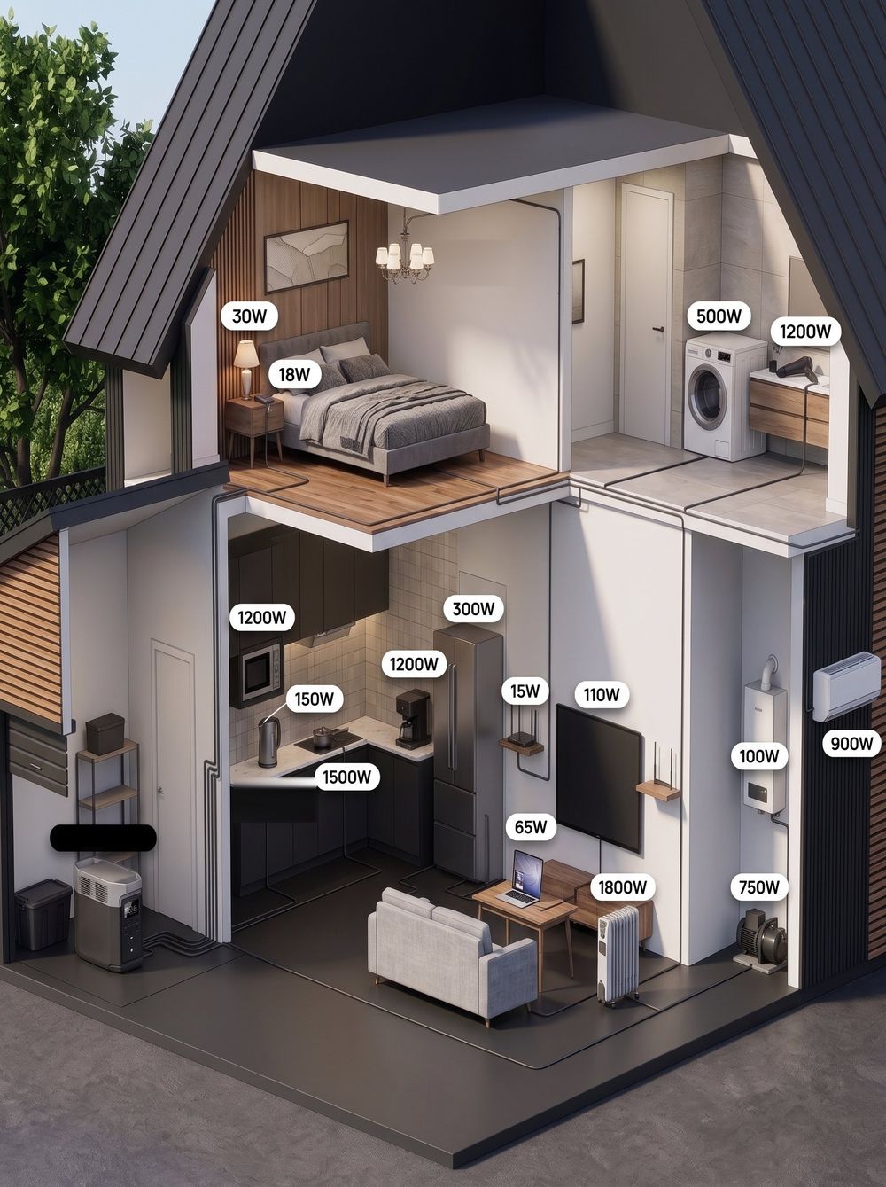 Cut-away house with an EcoFlow station and appliances