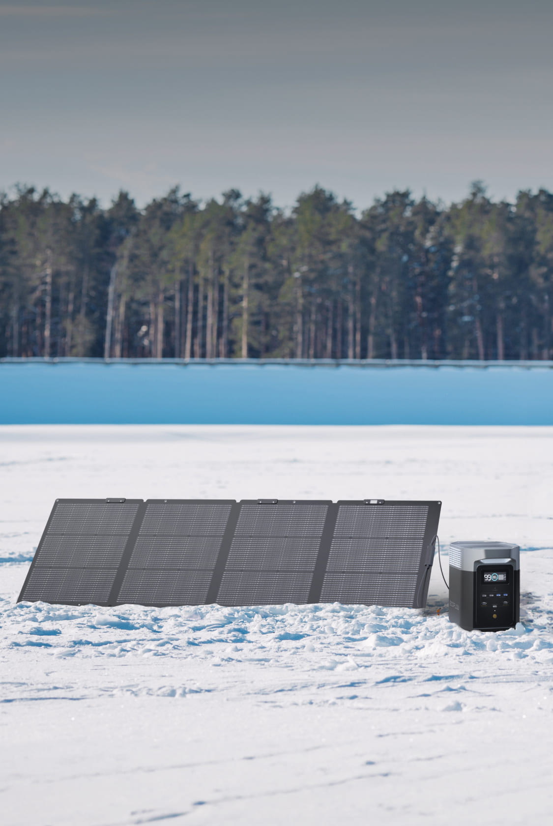 EcoFlow NextGen 220W Bifacial Solar Panel - a panel on snow next to a station