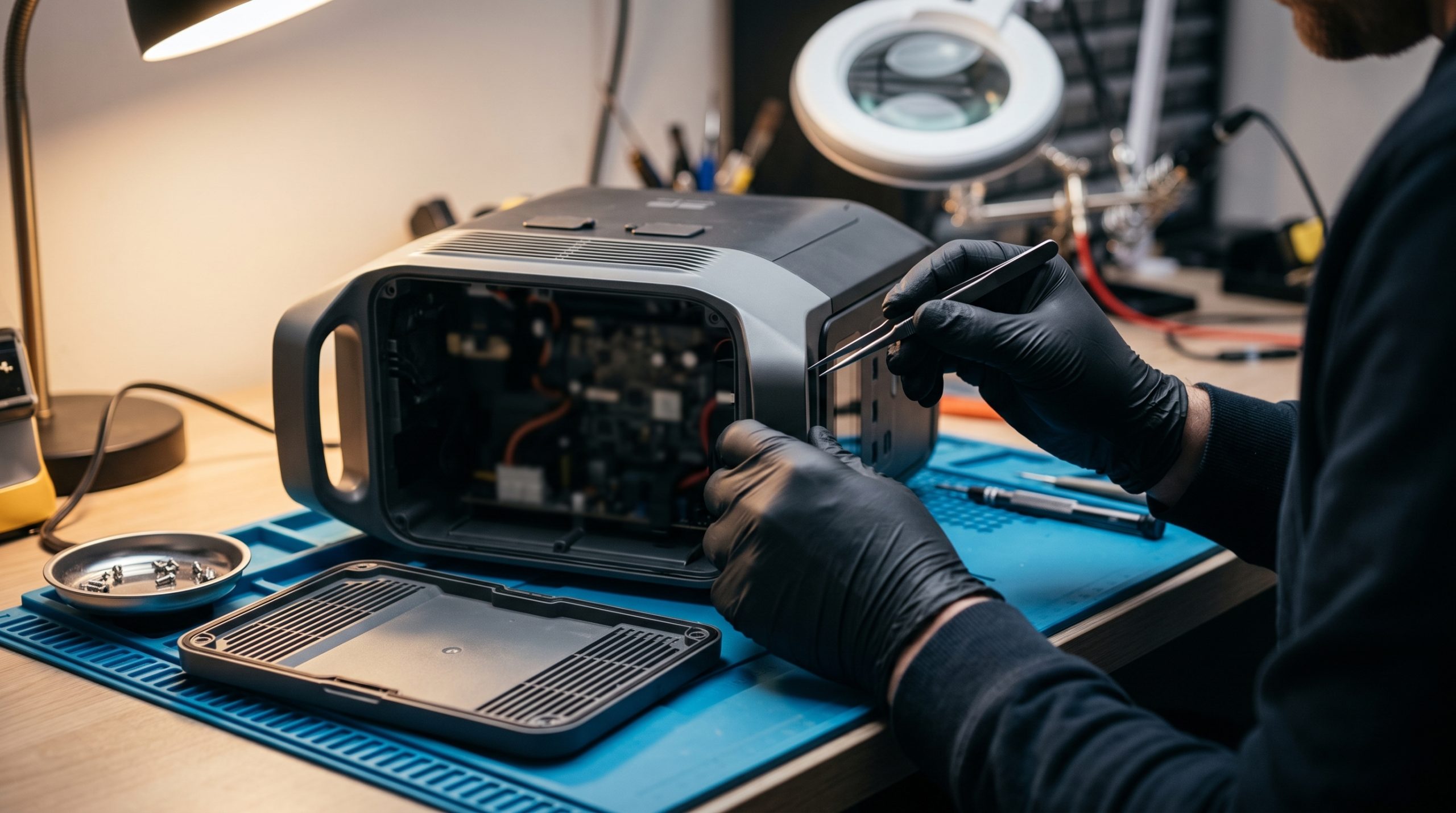 An engineer's hands with multimeter probes over a circuit board during diagnostics