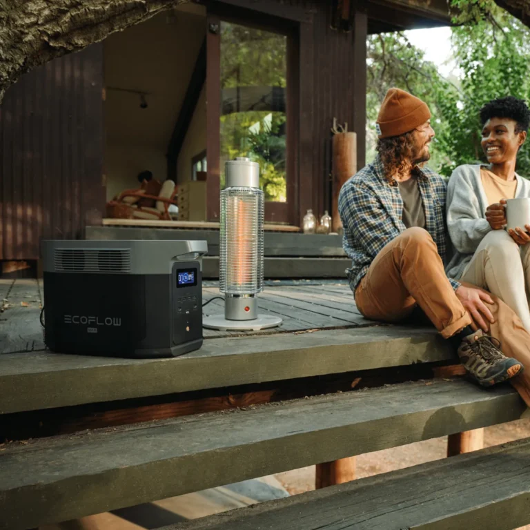 EcoFlow DELTA 2 Max on the terrace of a country house powering a heater