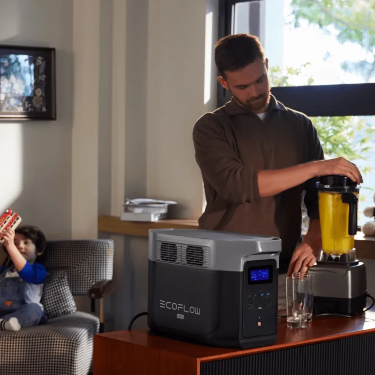 EcoFlow DELTA 2 Max powering a blender in a living room