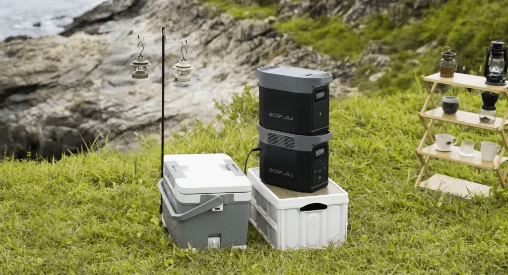 Станція EcoFlow DELTA 2 з батареєю розширення DELTA 2 Smart Extra Battery і переносним холодильником на траві