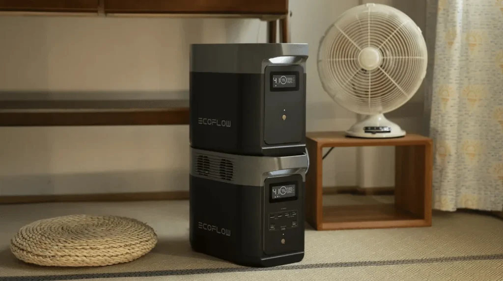 Батарея розширення EcoFlow DELTA 2 Smart Extra Battery стоїть на станції DELTA 2 у кімнаті