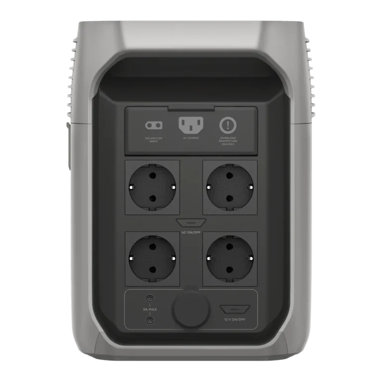 Задняя панель EcoFlow DELTA 3 1500 с четырьмя розетками Schuko, входами для зарядки и выходами 12 В