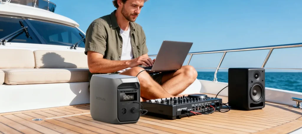 Чоловік працює на ноутбуці, а EcoFlow DELTA 3 Classic живить ноутбук і аудіотехніку