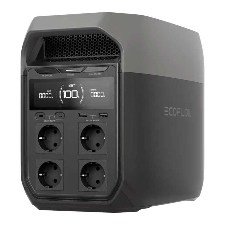 EcoFlow DELTA 3 with four Schuko outlets, USB-C and a display on the front panel