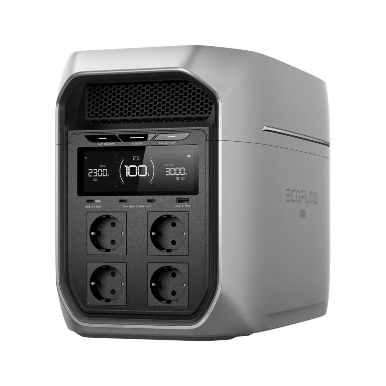 Серебристая EcoFlow DELTA 3 Max Plus с четырьмя розетками Schuko, кнопками AC1 и AC2, портом USB-C на 140 Вт и дисплеем