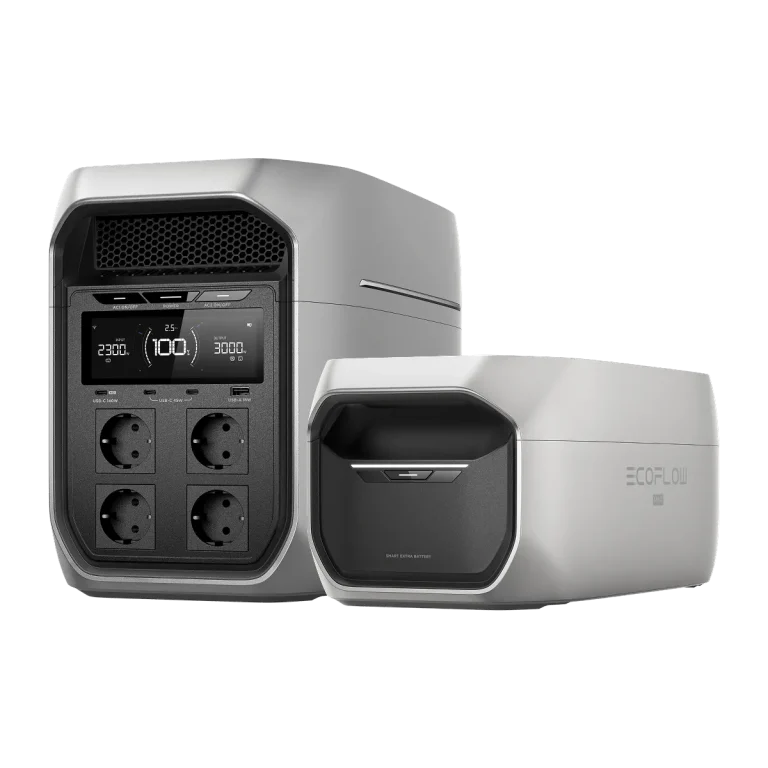 Серебристая станция EcoFlow DELTA 3 Max Plus с розетками Schuko и рядом дополнительная батарея DELTA 3 Max Plus Smart Extra Battery