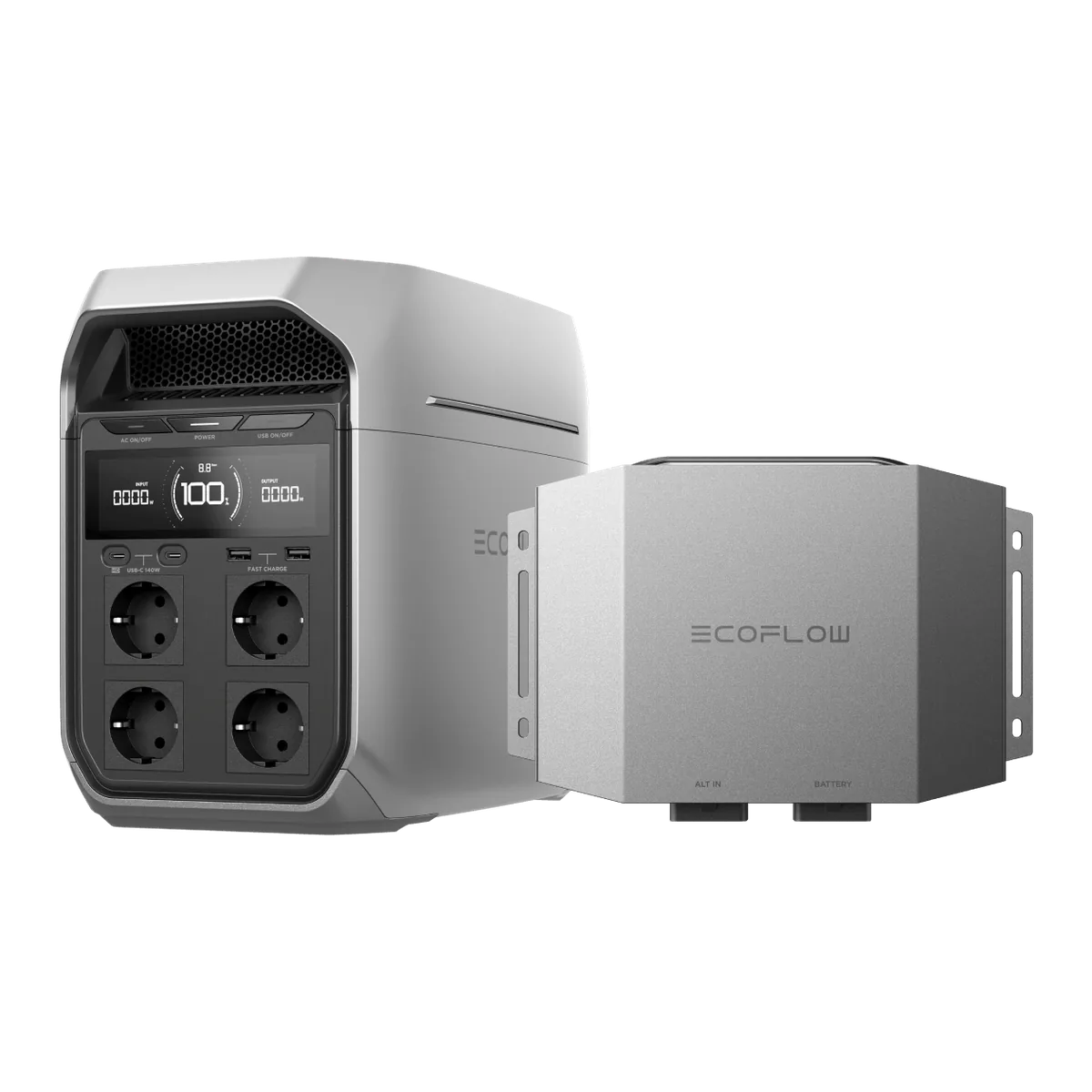 An EcoFlow DELTA 3 Plus next to an EcoFlow Alternator Charger car charger
