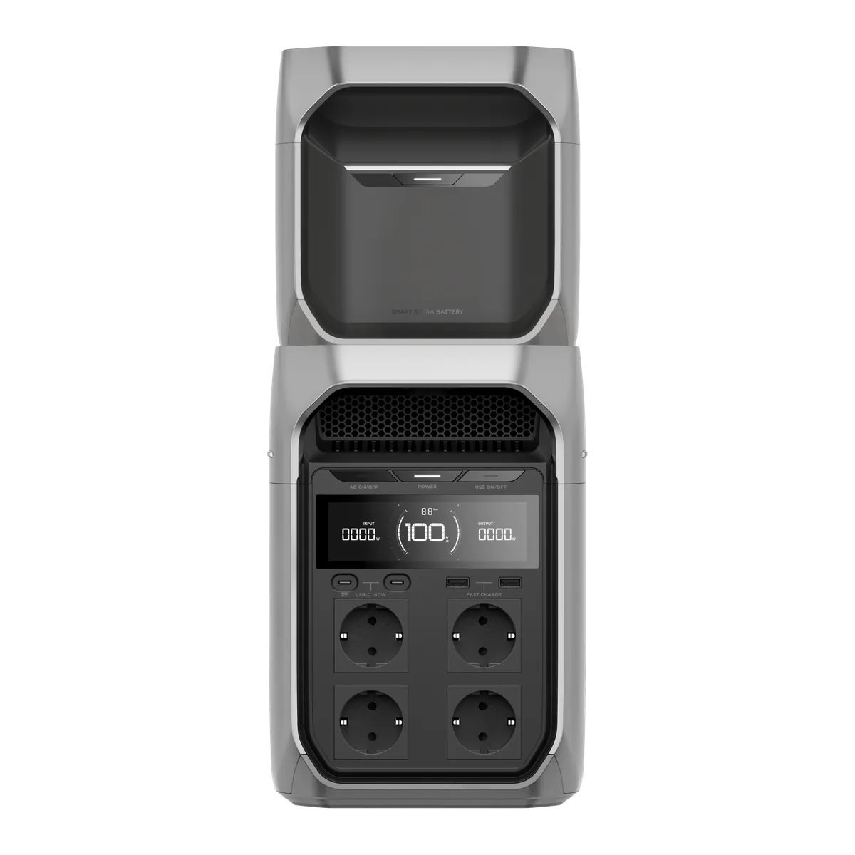 An EcoFlow DELTA 3 Plus with a DELTA 3 Smart Extra Battery installed on top