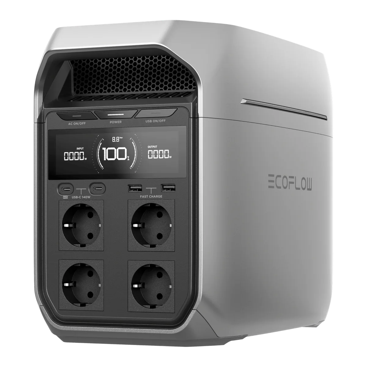 An EcoFlow DELTA 3 Plus power station in a silver case with four Schuko outlets