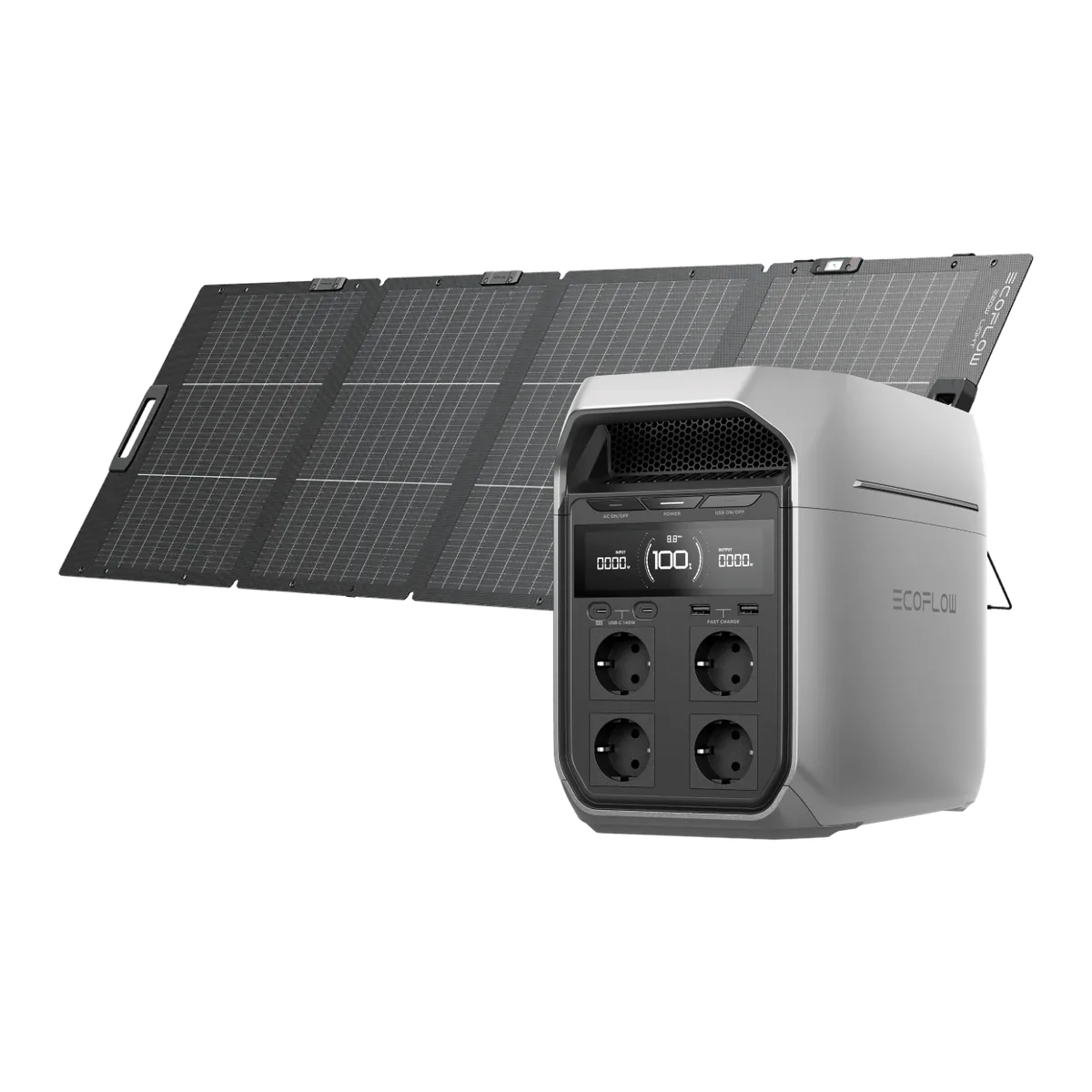 An EcoFlow DELTA 3 Plus next to a 220 W EcoFlow portable solar panel