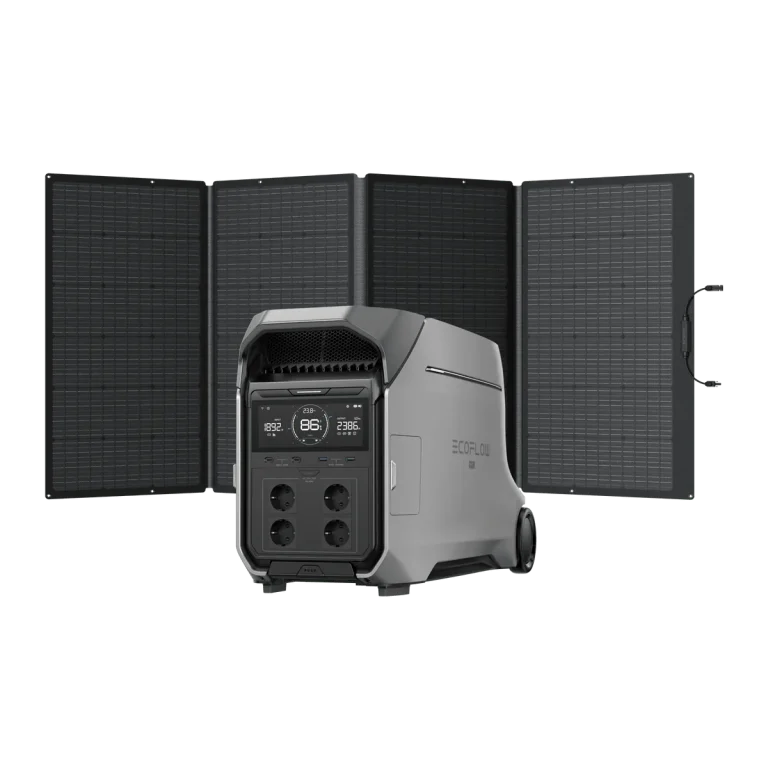 EcoFlow DELTA Pro 3 з чотирма розетками Schuko на тлі портативної сонячної панелі EcoFlow 400 Вт