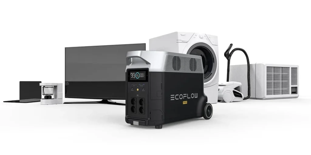 EcoFlow DELTA Pro поруч із пральною машиною, телевізором, кондиціонером, пилососом і ноутбуком
