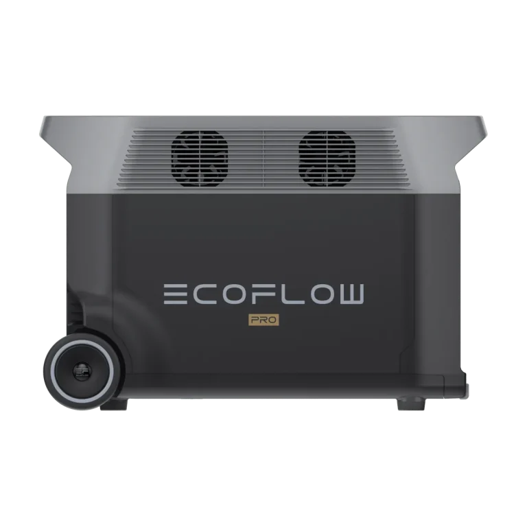 EcoFlow DELTA Pro збоку: корпус із вентиляційними решітками і колесами для перевезення