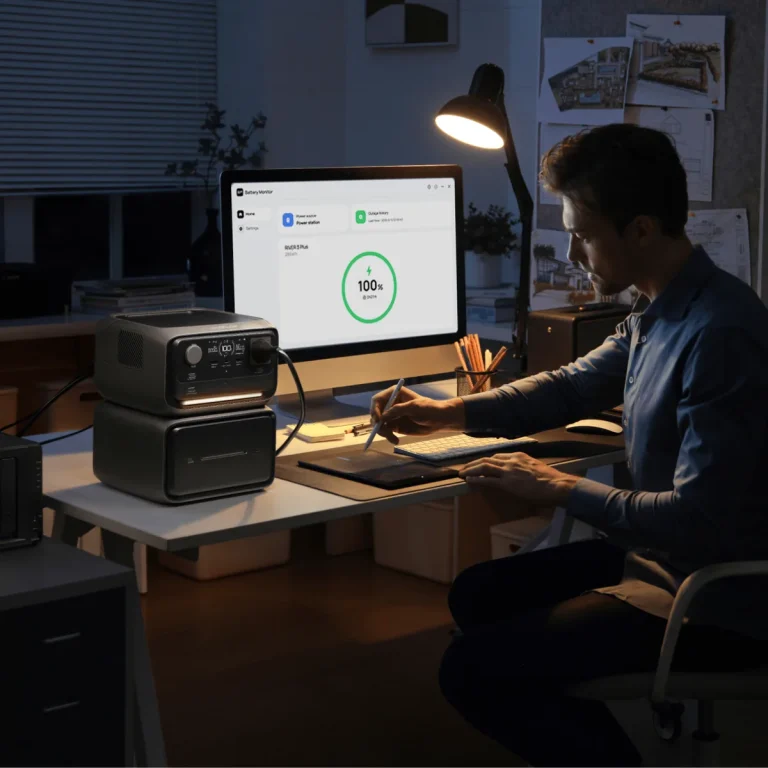 EcoFlow RIVER 3 Max Plus на рабочем столе питает компьютер, на мониторе программа контроля питания