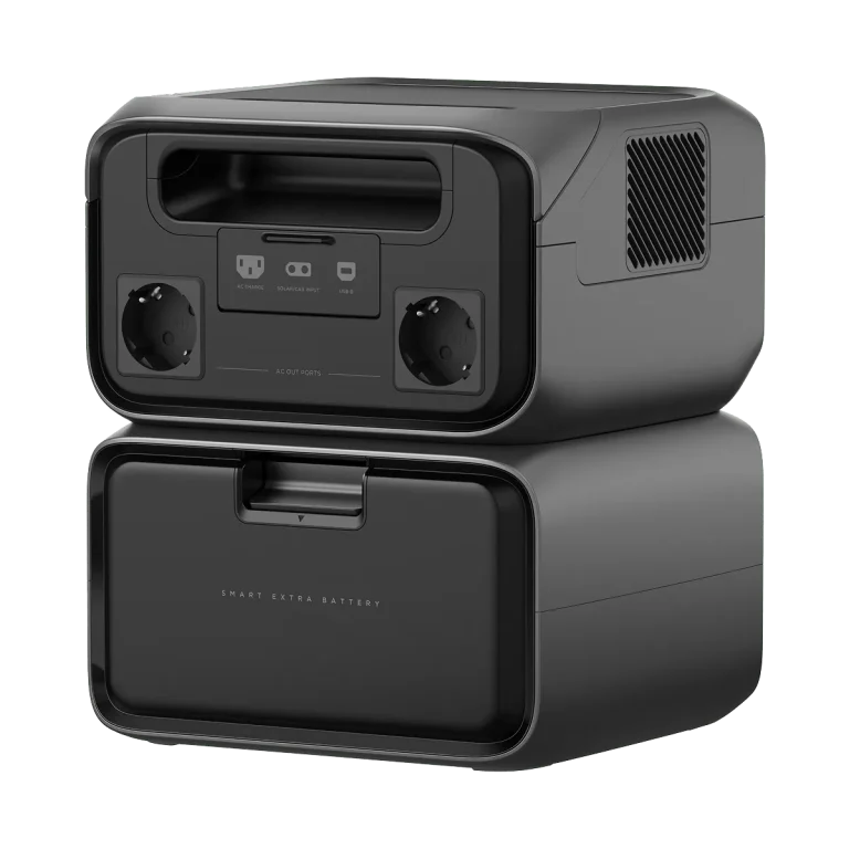 Задняя панель EcoFlow RIVER 3 Plus с двумя розетками Schuko, под станцией батарея EB600