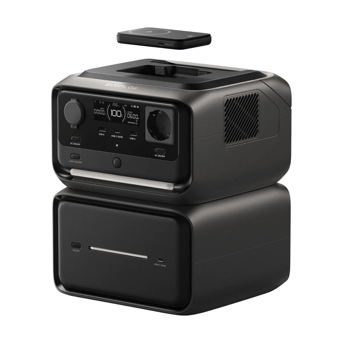 EcoFlow RIVER 3 Max Plus Wireless: станція на батареї EB600, над кришкою знімний павербанк RAPID