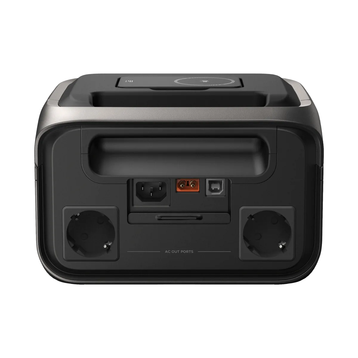 Задня панель станції з комплекту EcoFlow RIVER 3 Max Plus Wireless: дві розетки Schuko, вхід AC, вхід XT60i і порт USB-B