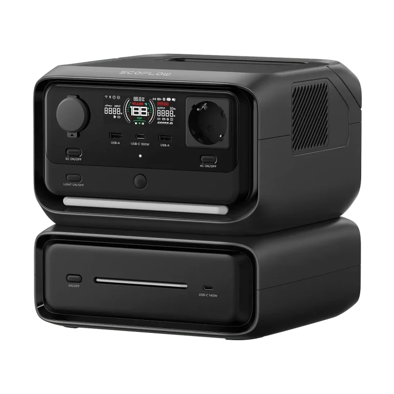 EcoFlow RIVER 3 Plus, встановлена на батарею RIVER 3 Plus Smart Extra Battery EB300, вигляд під кутом