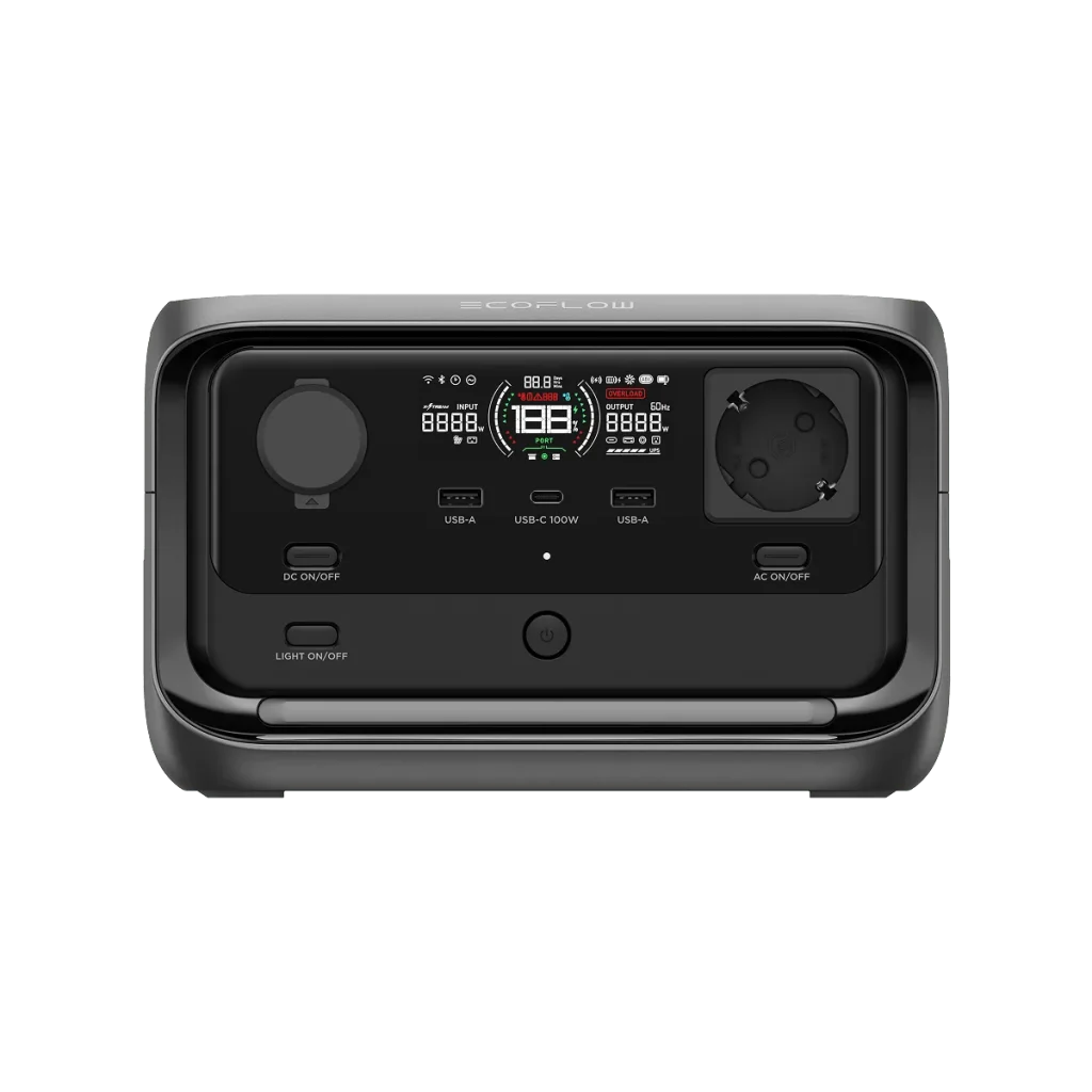 Зарядна станція EcoFlow RIVER 3 Plus спереду: дисплей, порти USB і розетка Schuko