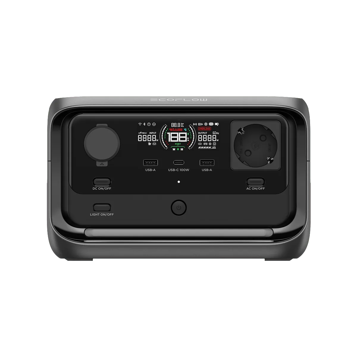Зарядна станція EcoFlow RIVER 3 Plus спереду: дисплей, порти USB і розетка Schuko