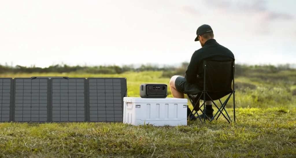 EcoFlow RIVER 3 Plus на кулері в полі заряджається від розкладеної сонячної панелі