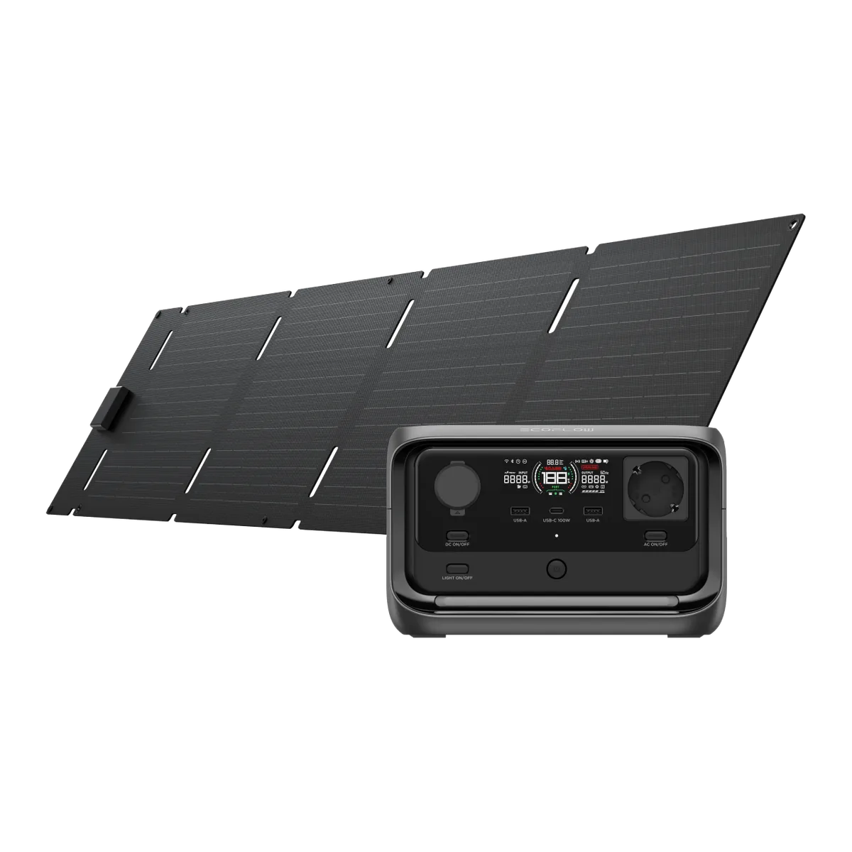 EcoFlow RIVER 3 Plus поруч із портативною сонячною панеллю EcoFlow