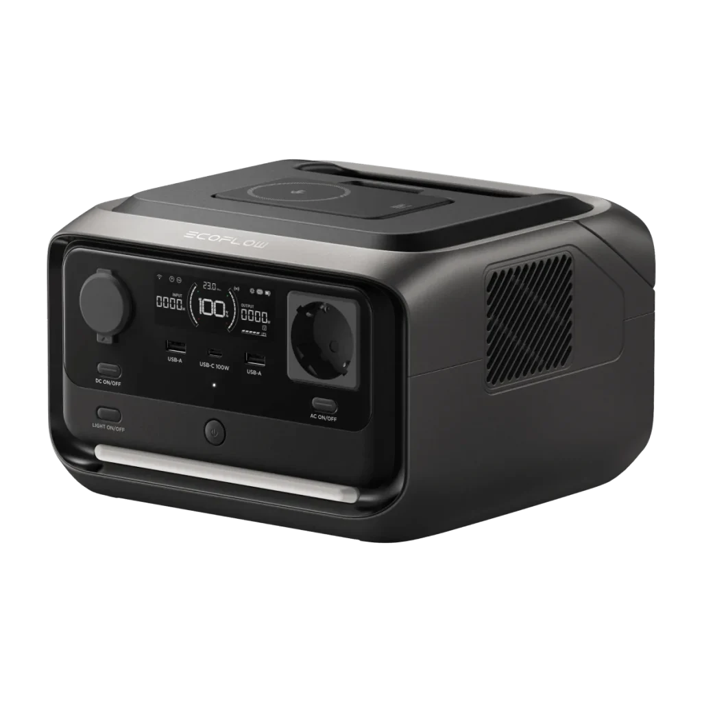 Зарядна станція EcoFlow RIVER 3 Plus Wireless з павербанком RAPID на верхній панелі та розеткою Schuko спереду