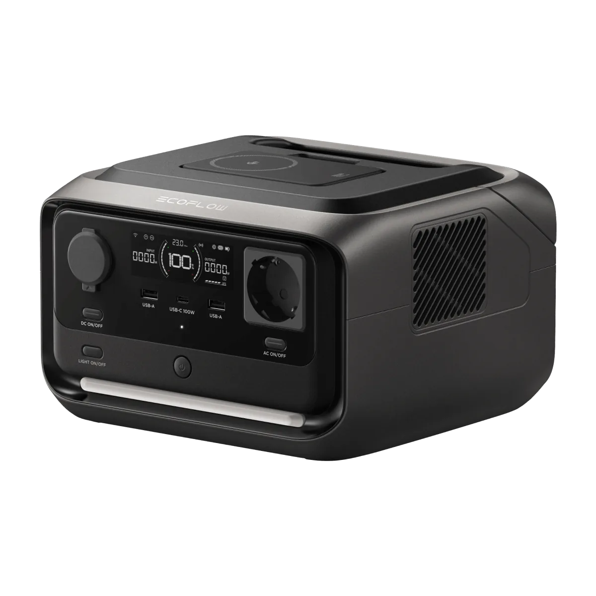 An EcoFlow RIVER 3 Plus Wireless power station with a RAPID power bank on the top panel and a Schuko outlet at the front