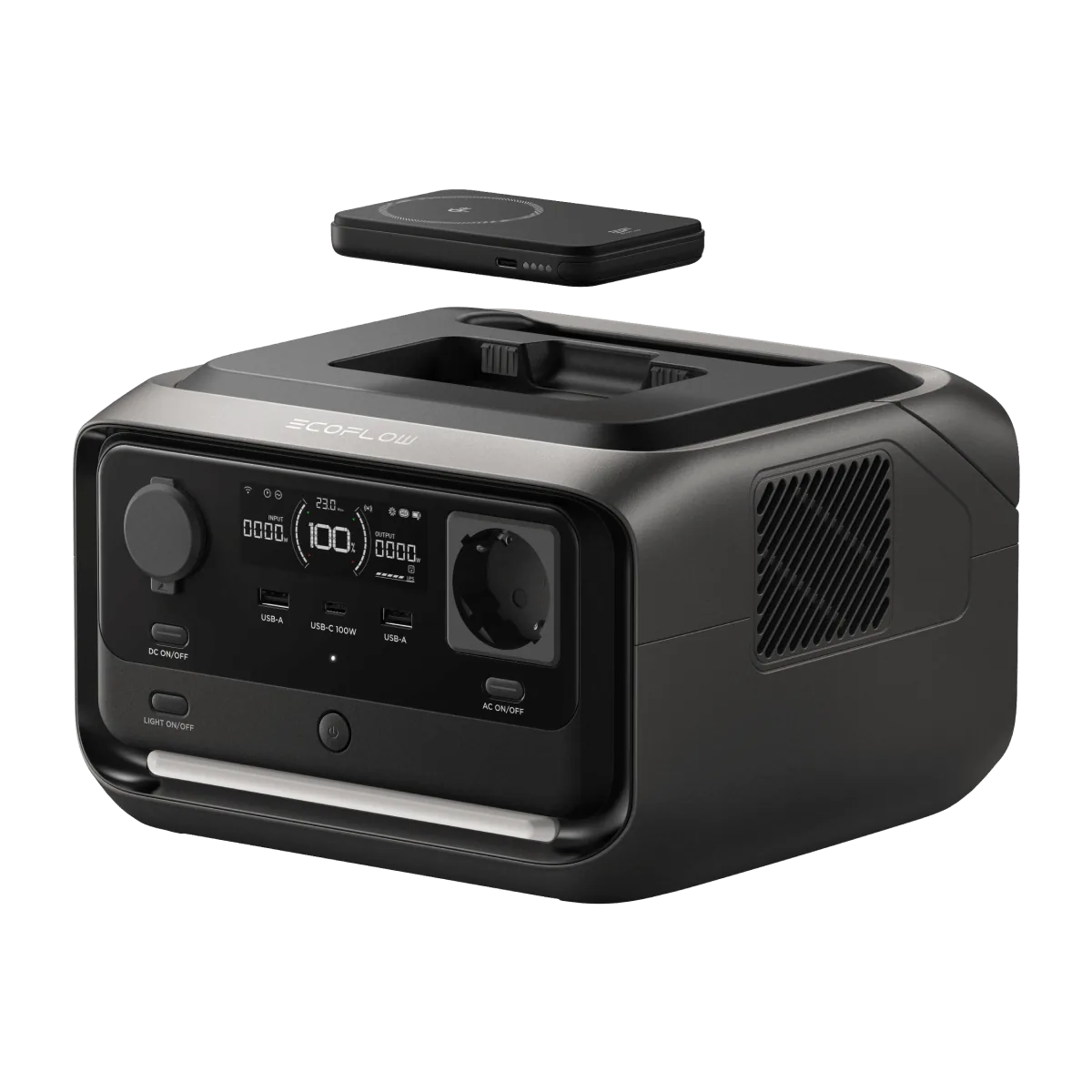 A removable 5000 mAh magnetic RAPID power bank above the niche with contacts on the lid of an EcoFlow RIVER 3 Plus Wireless