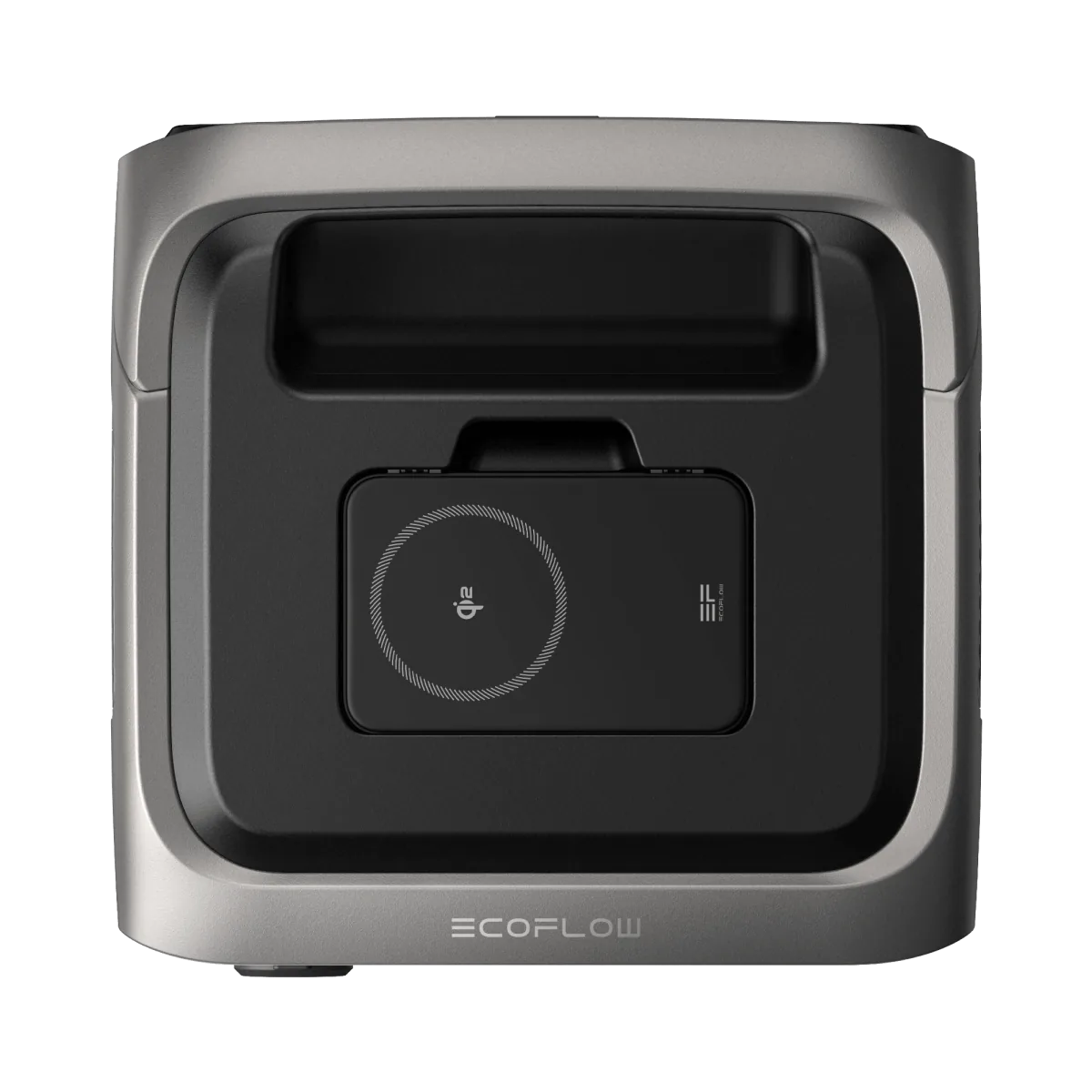 A top view of an EcoFlow RIVER 3 Plus Wireless: the RAPID power bank with a Qi2 wireless charging zone in the lid niche
