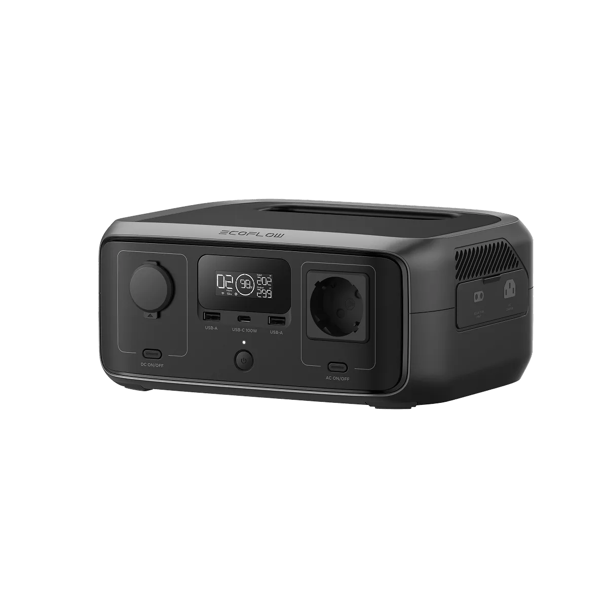 Зарядная станция EcoFlow RIVER 3 UPS спереди: розетка Schuko, USB-C на 100 Вт, два USB-A и автомобильный выход