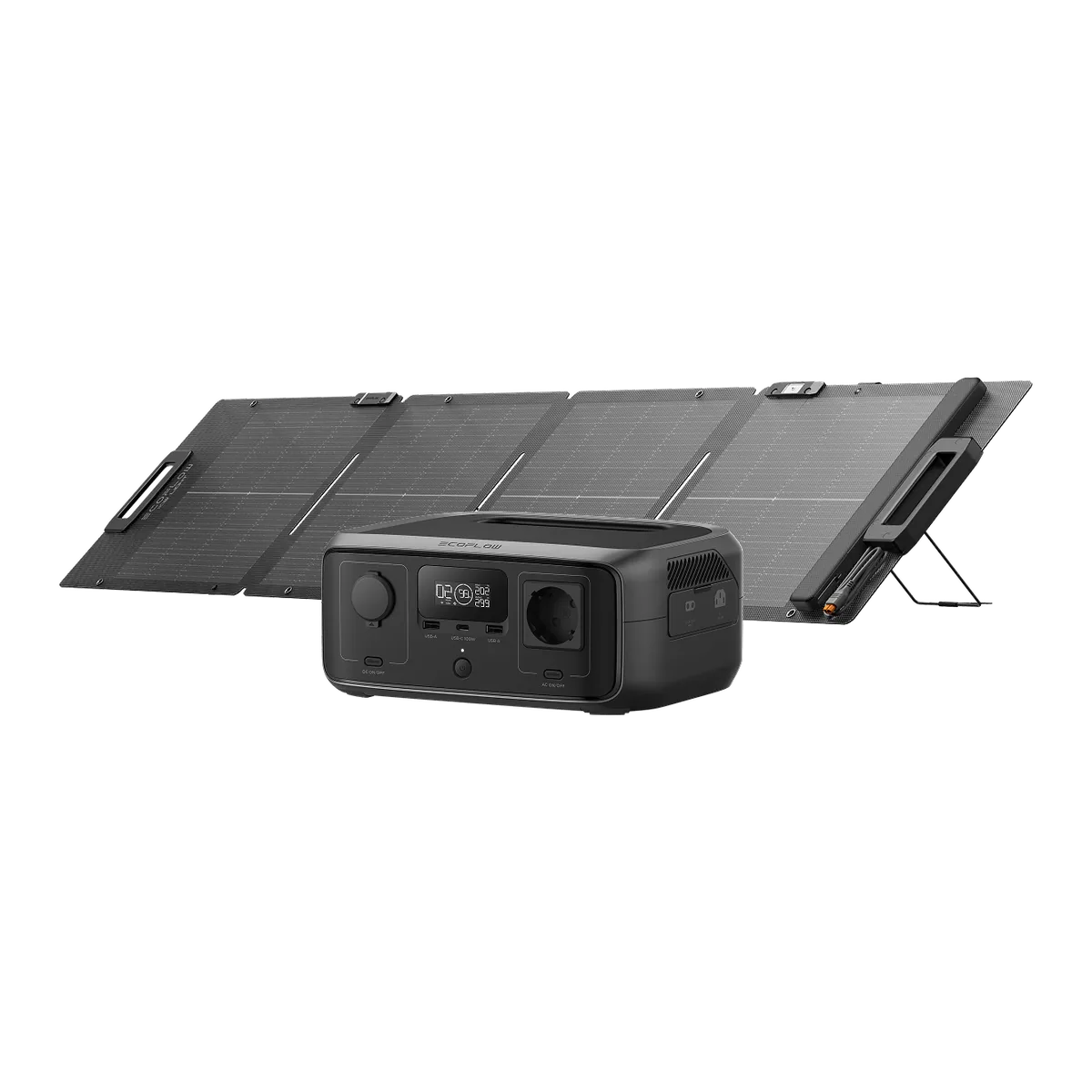 EcoFlow RIVER 3 UPS перед разложенной солнечной панелью EcoFlow на 110 Вт