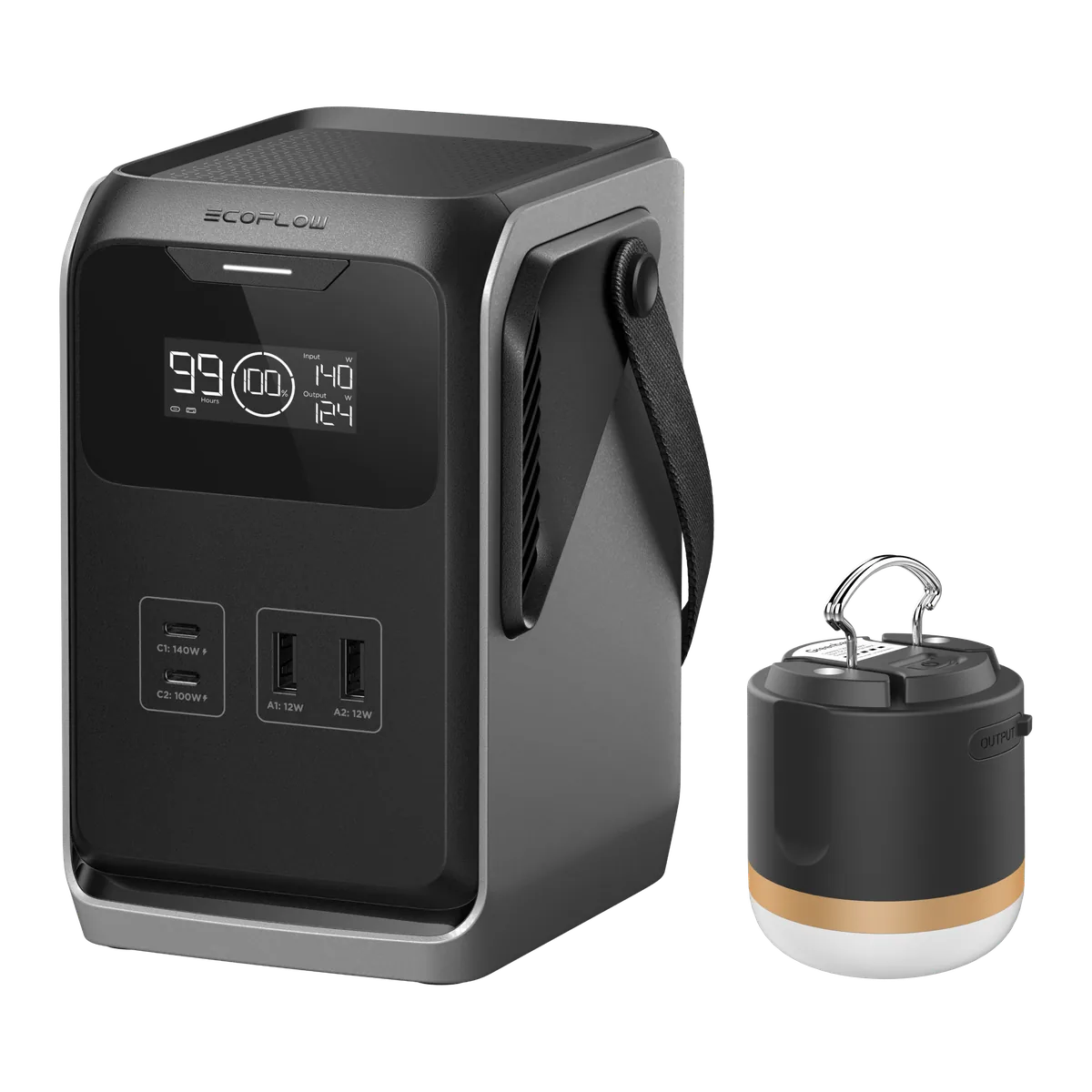 An EcoFlow TRAIL 200 DC next to an EcoFlow camping lantern, sold separately