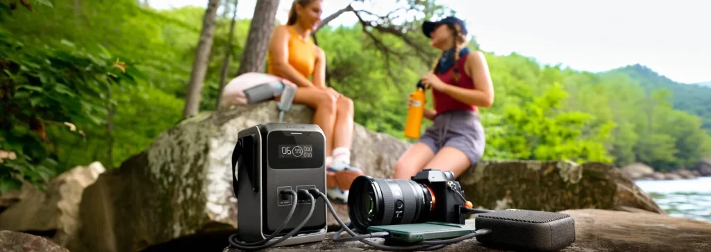 An EcoFlow TRAIL 200 DC on a rock charging a camera and a phone during a hike