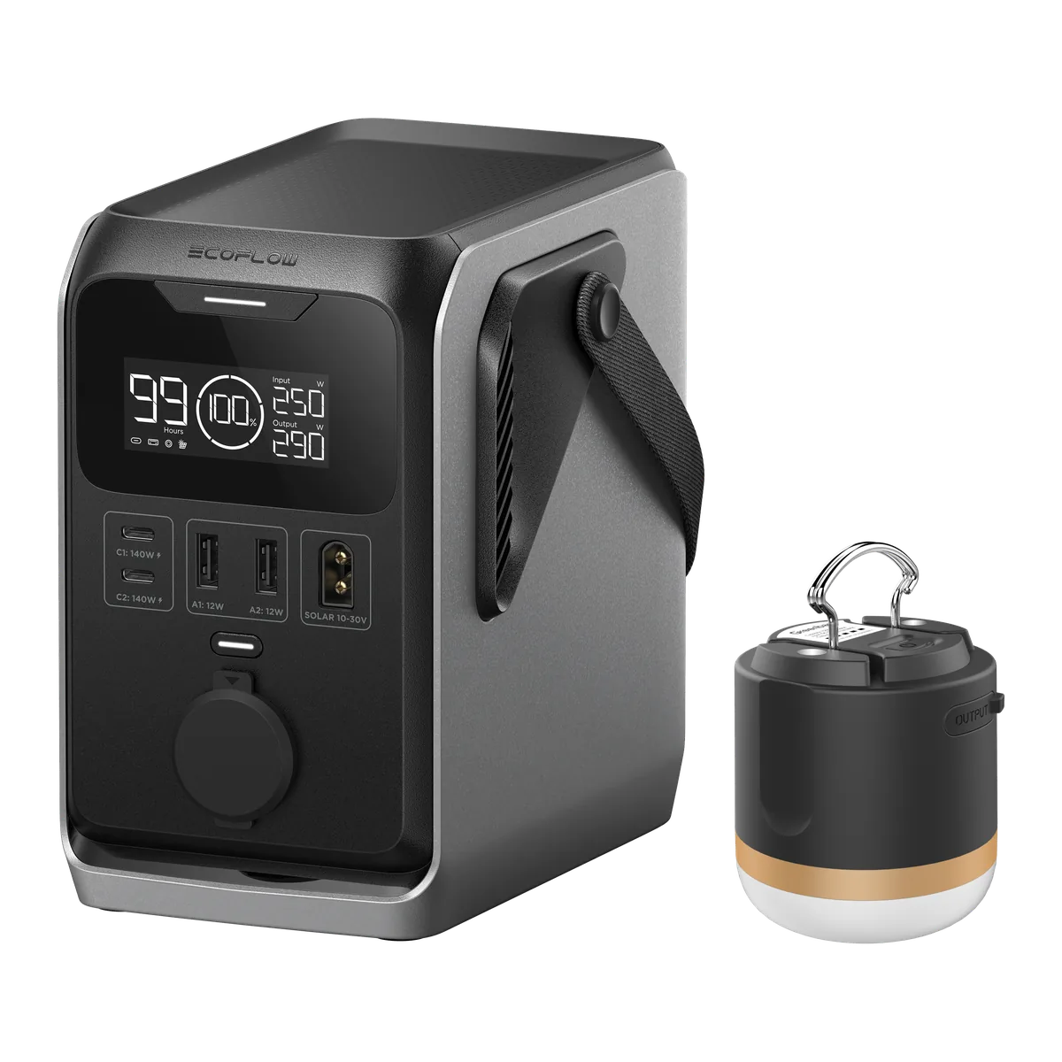 EcoFlow TRAIL 300 DC поруч із кемпінговим ліхтарем EcoFlow, який продається окремо