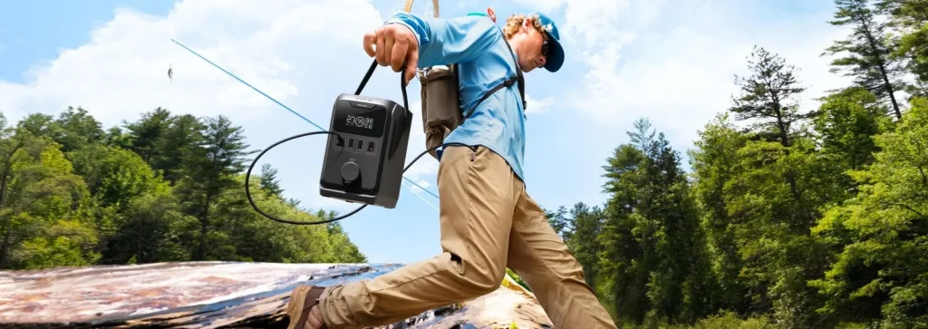 Рибалка переходить річку з EcoFlow TRAIL 300 DC у руці