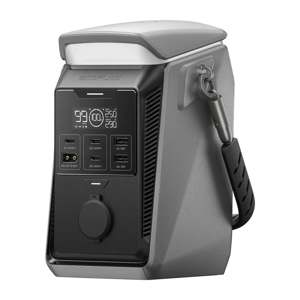 Зарядна станція EcoFlow TRAIL Plus 300 DC з вбудованим ліхтарем зверху і знімною ручкою-кабелем USB-C