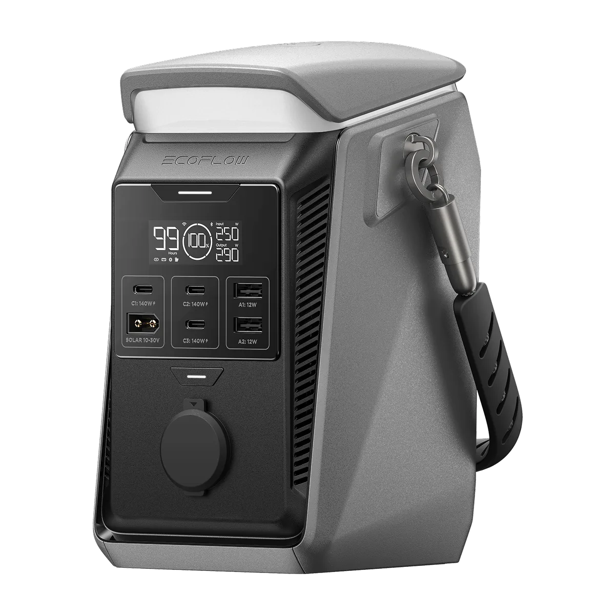 Зарядна станція EcoFlow TRAIL Plus 300 DC з вбудованим ліхтарем зверху і знімною ручкою-кабелем USB-C